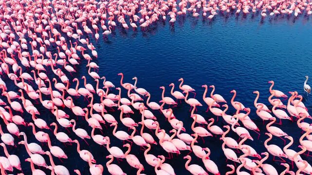 Aerial pattern of flamingo lines walking through water. Overhead drone view captures rows of pink birds forming diagonal trails.