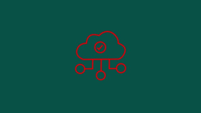 Animated red cloud computing network icon with check mark on dark green background for verified data server hosting storage and cyber UI UX