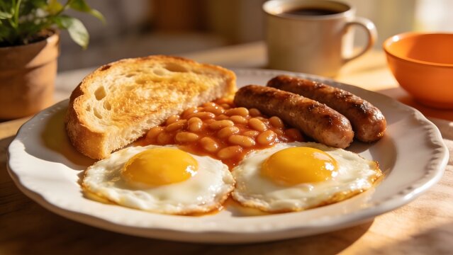 Hearty English Breakfast with Eggs Sausages Beans and Toast.