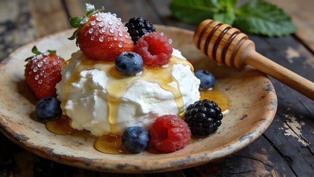 Delicious dessert with fresh berries and honey on a rustic wooden table.