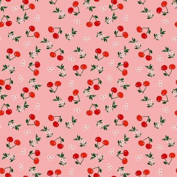 Cherry seamless pattern on a pink background with cherry blossoms. 