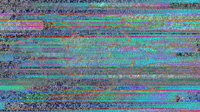 Digital glitch distorting colorful screen with horizontal banding, horizontal shift, flat view, pixelation