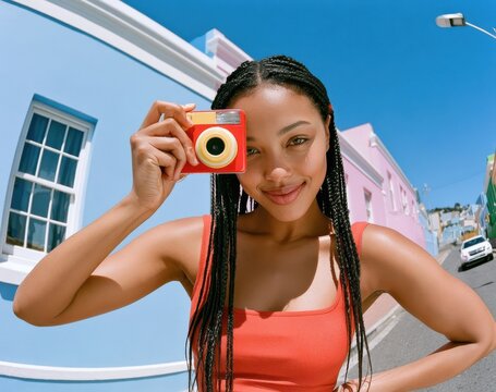 Smiling young woman with braids holding a red camera in colorful street scene