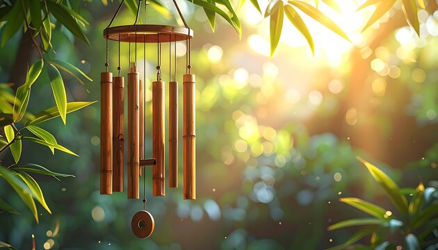 Bamboo wind chimes hanging from a tree branch in a lush garden with warm sunlight filtering through leaves, creating a peaceful and serene atmosphere