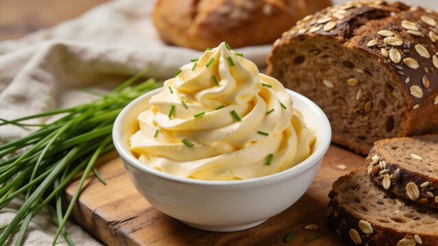 Whipped butter with chives in a bowl next to fresh bread.
