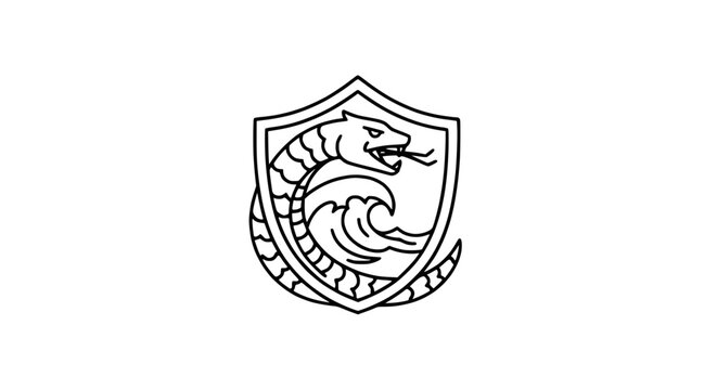 Powerful Snake Serpent in Shield Crest with Ocean Waves Line Art