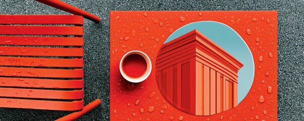 Obraz premium Overhead view of red table and chair with circular architectural reflection and raindrops