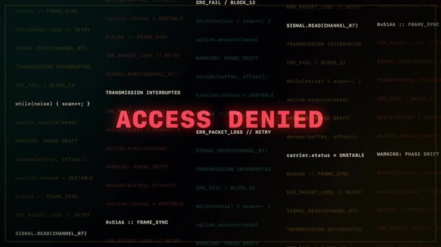 Access denied message glitching on codefilled dark interface with horizontal motion blur, dark code interface, horizontal shift, centered composition