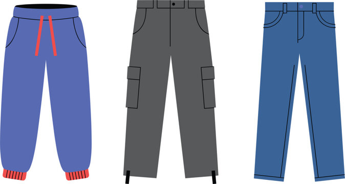 Men pants and trousers vector set, blue sweatpants grey cargo jeans elements
