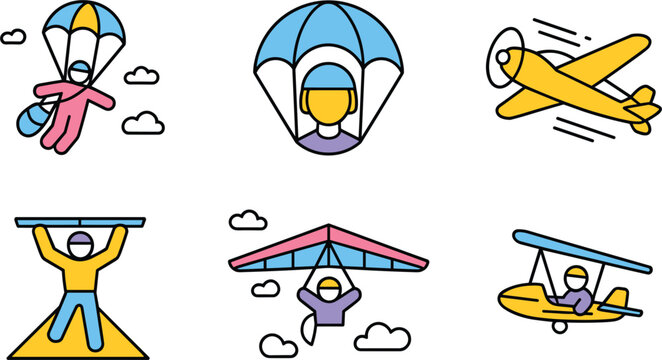 Skydiving and extreme air sports icon set, vector parachute hang glider plane
