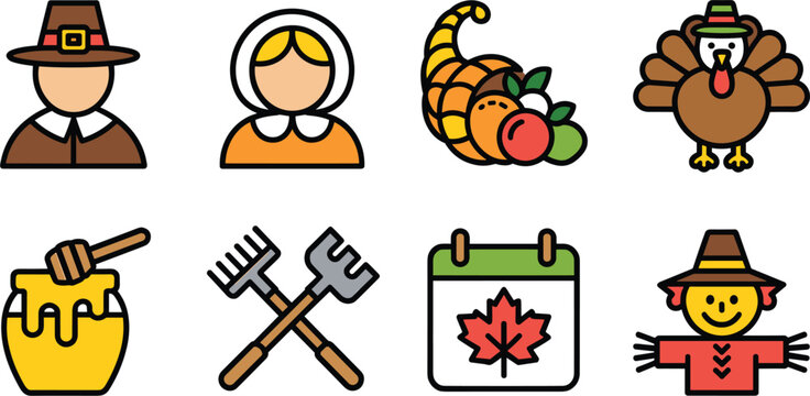 Thanksgiving holiday harvest icon set, flat line vector pilgrim turkey cornucopia elements