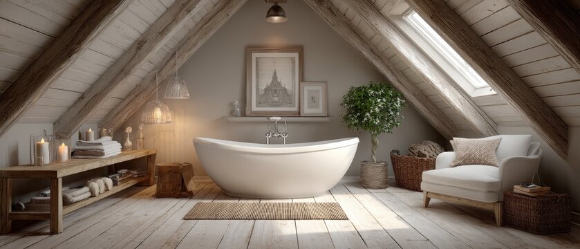 A rustic attic bathroom features a freestanding tub and cozy seating area, with exposed beams in the background creating a warm.