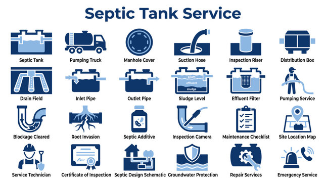 Set of flat icons for septic tank maintenance and professional plumbing services