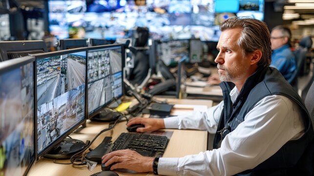 Security Operator Monitoring Multiple Screens: A man sits focused at a desk, intently watching multiple surveillance camera feeds displayed on computer monitors in a modern control room.