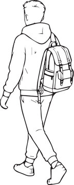 Young man walking with a backpack wearing a hoodie and sweatpants vector line art drawing cad drawing flat vector illustration