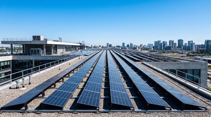 Naklejka premium Solar panels on a commercial rooftop. Sustainable energy system for modern city buildings.