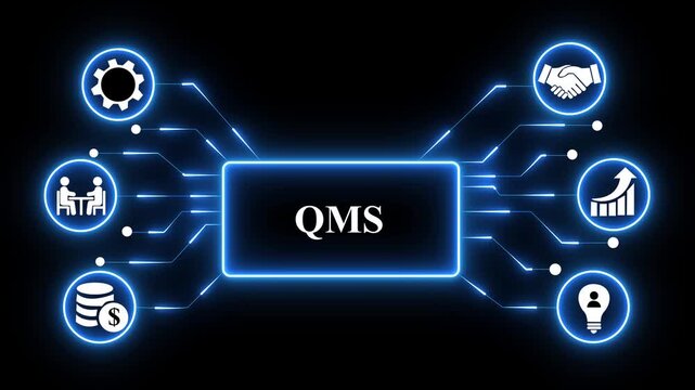 QMS - Quality Management System concept .blue Neon digital technology background.4k digital technology animation video.