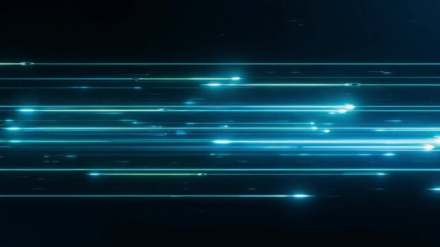 Glowing blue light streaks moving at high speed across a dark background digital motion footage