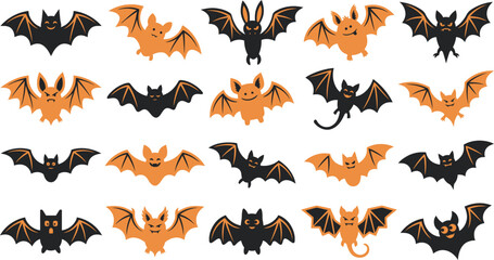 Fototapeta premium A collection of various black and orange halloween bat illustrations arranged in a grid pattern on a clean white background for design