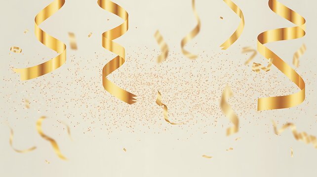 Elegant Gold Confetti Ribbons Falling Down on A Soft Light Background for Festive Holiday Celebration Events