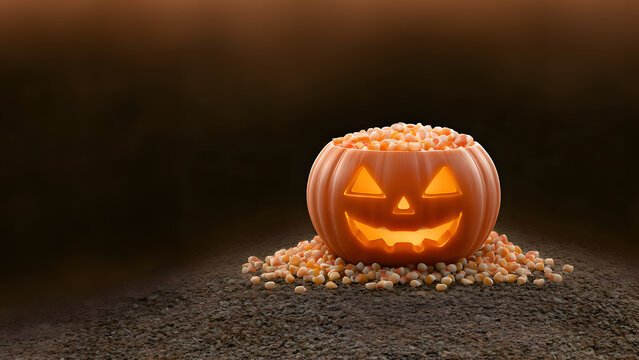 Jack o' Lantern sits patiently on corn-shaped candies, awaiting the Halloween celebrations.
