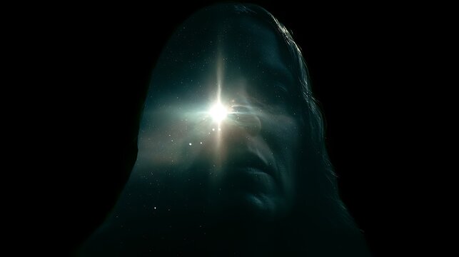 Prompt: A poetic double exposure portrait capturing focus. A stark silhouette of a face looking directly forward is filled with a scenic landscape of a lone white dwarf star cooling slowly in 