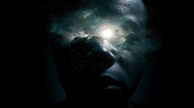 Prompt: A poetic double exposure portrait capturing focus. A stark silhouette of a face looking directly forward is filled with a scenic landscape of a lone white dwarf star cooling slowly in 