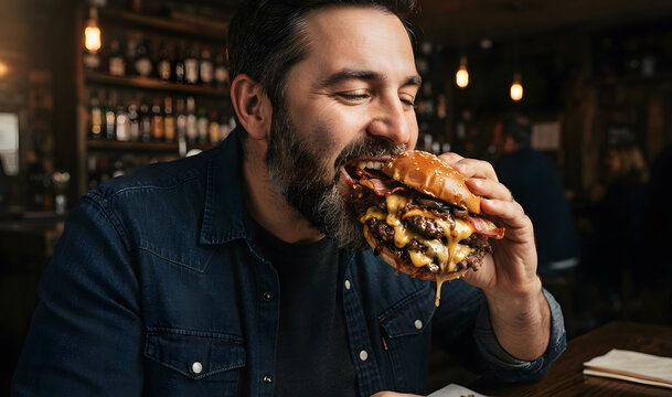 A bearded man eagerly taking a large bite out of a gourmet smash burger. The burger features two thick, juicy wagyu beef patties, extra melted cheese cascading down the sides, crispy bacon , onion . 