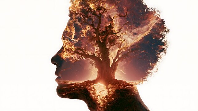 Prompt: A magnificent fine-art masterclass portrait. A sharp side-profile silhouette of a human body is filled with a breathtaking landscape of a massive ancient oak tree whose branches are 