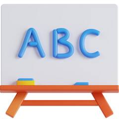 3D illustration of ABC letters on a white school board with a wooden frame for learning