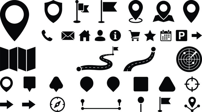 Map location and navigation solid black glyph icon set vector featuring map pin pointers road navigation compass and interface markers,