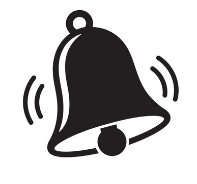 Ringing bell icon in black silhouette style, notification alert symbol for mobile apps, vibrating alarm bell vector illustration on white background