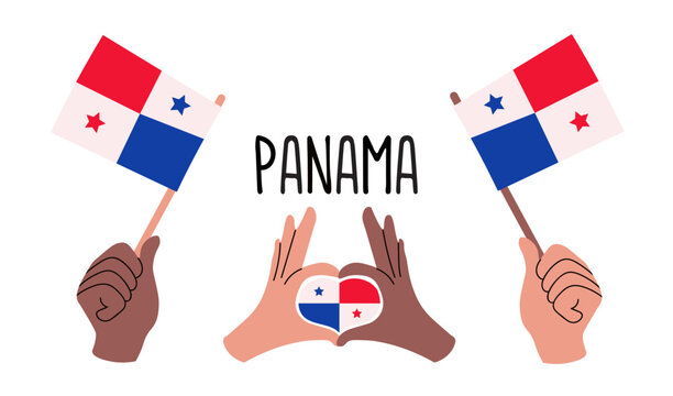 Panama flags. Diverse hands holding Panamanian flags and forming a heart with Panama flag inside. Symbol of unity, patriotism and support. Vector Panamanian flags in flat style.