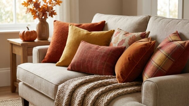 Autumn colored cushions arranged on a cozy sofa, seasonal home decor, comfortable living room styling and relaxing fall lifestyle.