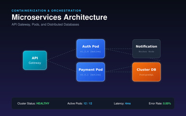 Naklejka premium Microservices architecture vector illustration with API gateway, pods, distributed database, and cluster metrics for cloud computing, containerization, and backend development concepts.