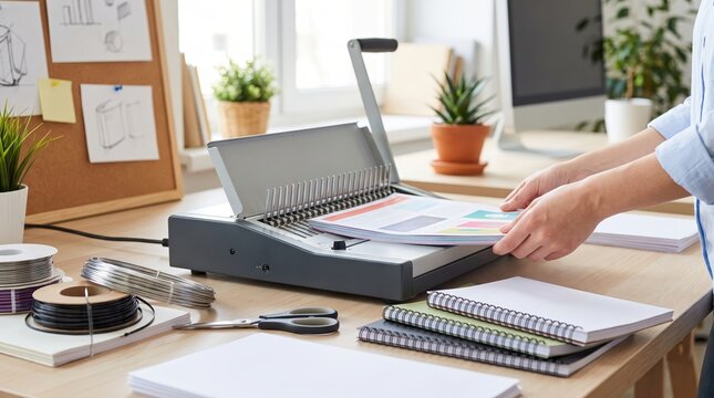 Manual comb binding machine for office document finishing, report preparation, business presentations and organized paperwork.