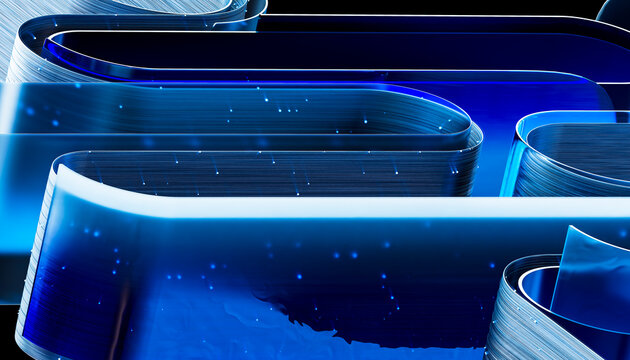 3D abstract data channel with glossy blue layered forms.