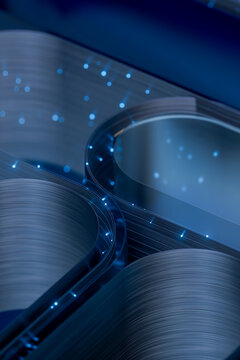 3D fiber loop network with silver curves and digital sparks.