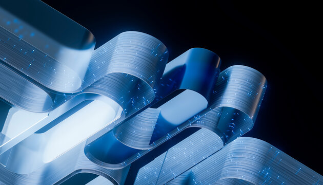 3D blue data matrix with repeating loops and binary texture.