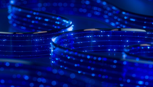 3D glowing fiber bokeh with blue loops and luminous points.