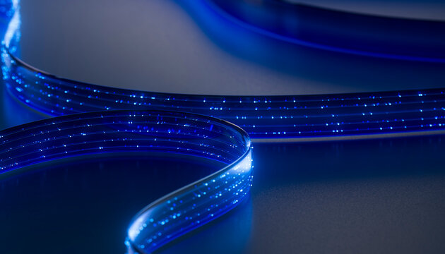 3D blue signal path with luminous points and curved depth.