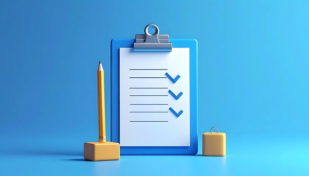 Blue clipboard with checklist and pencil, task management and completion concept, planning and organization