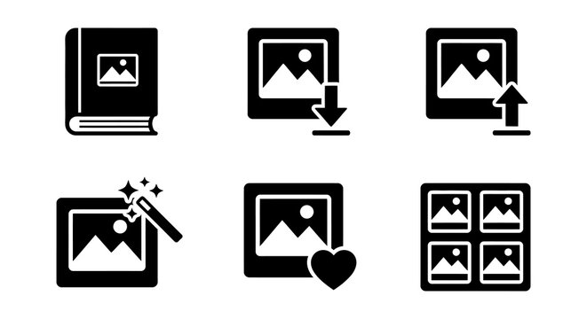 Photo Album And Image Editing Icons In Black Silhouette