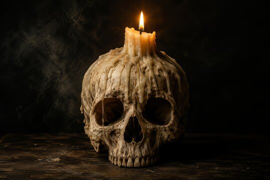 Calavera con vela derretida en penumbra