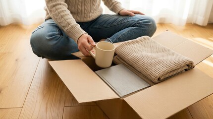 Fototapeta premium Person Unpacking Cardboard Box with College Essentials on Oak Floor