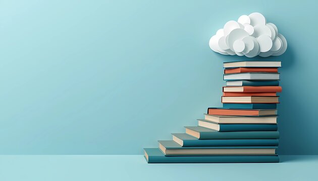 3D paper cut book staircase leading to cloud on blue background with copy space