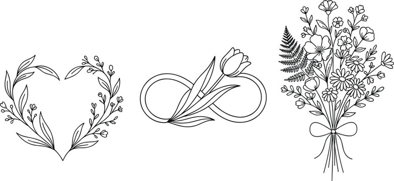 Minimalist floral vector elements bundle featuring a line art heart wreath, infinity tulip symbol, and a detailed wildflower bouquet,