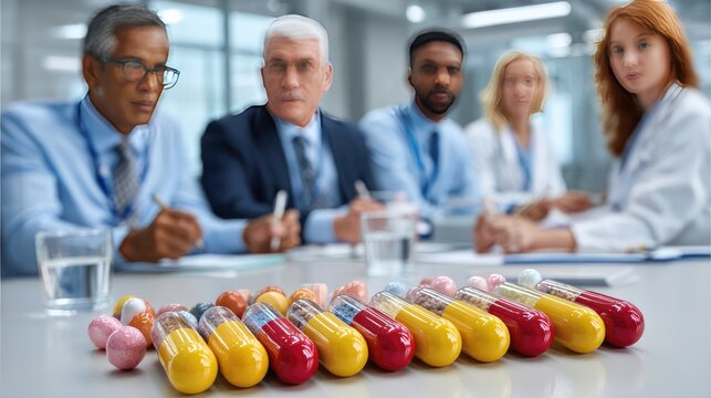 Medical Meeting with Pharmaceuticals: A diverse group of medical professionals and business people gather around a conference table.