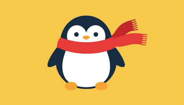 Cute animated little cartoon penguin character wearing a warm red winter scarf against a solid yellow background.