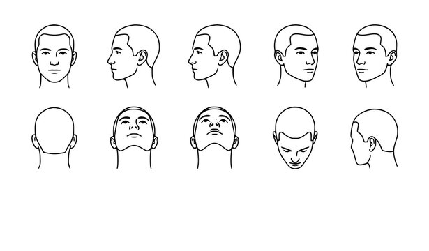 Human Head Guideline Icons Vector Set for Barbershop Haircut Salon and Hairstyle Design
